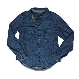 Prana Shirt Women's Small Polished Blue Chambray Button Down Blouse Chest Pocket